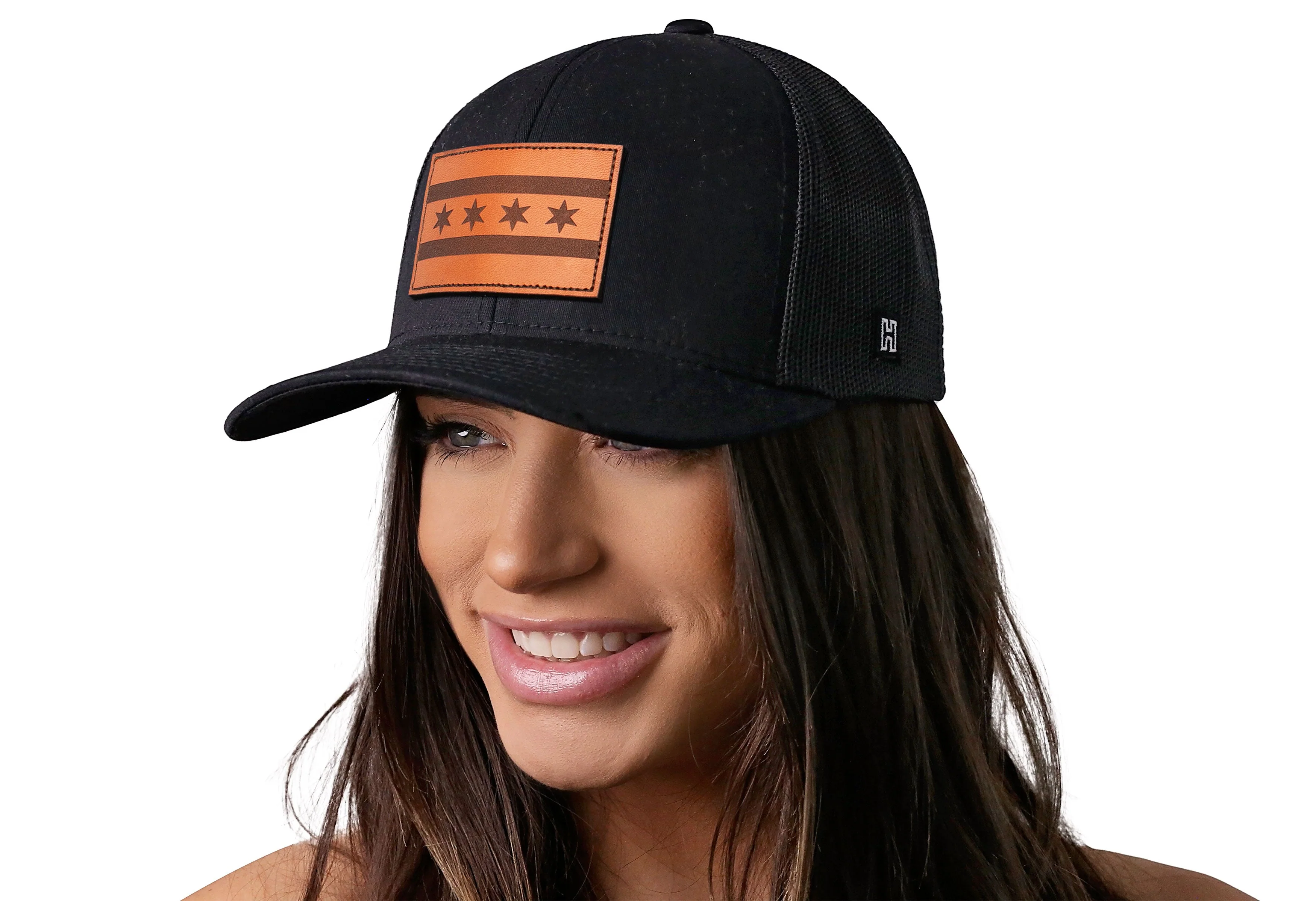 Chicago Flag Trucker Hat Leather | Black City Snapback - Image 4