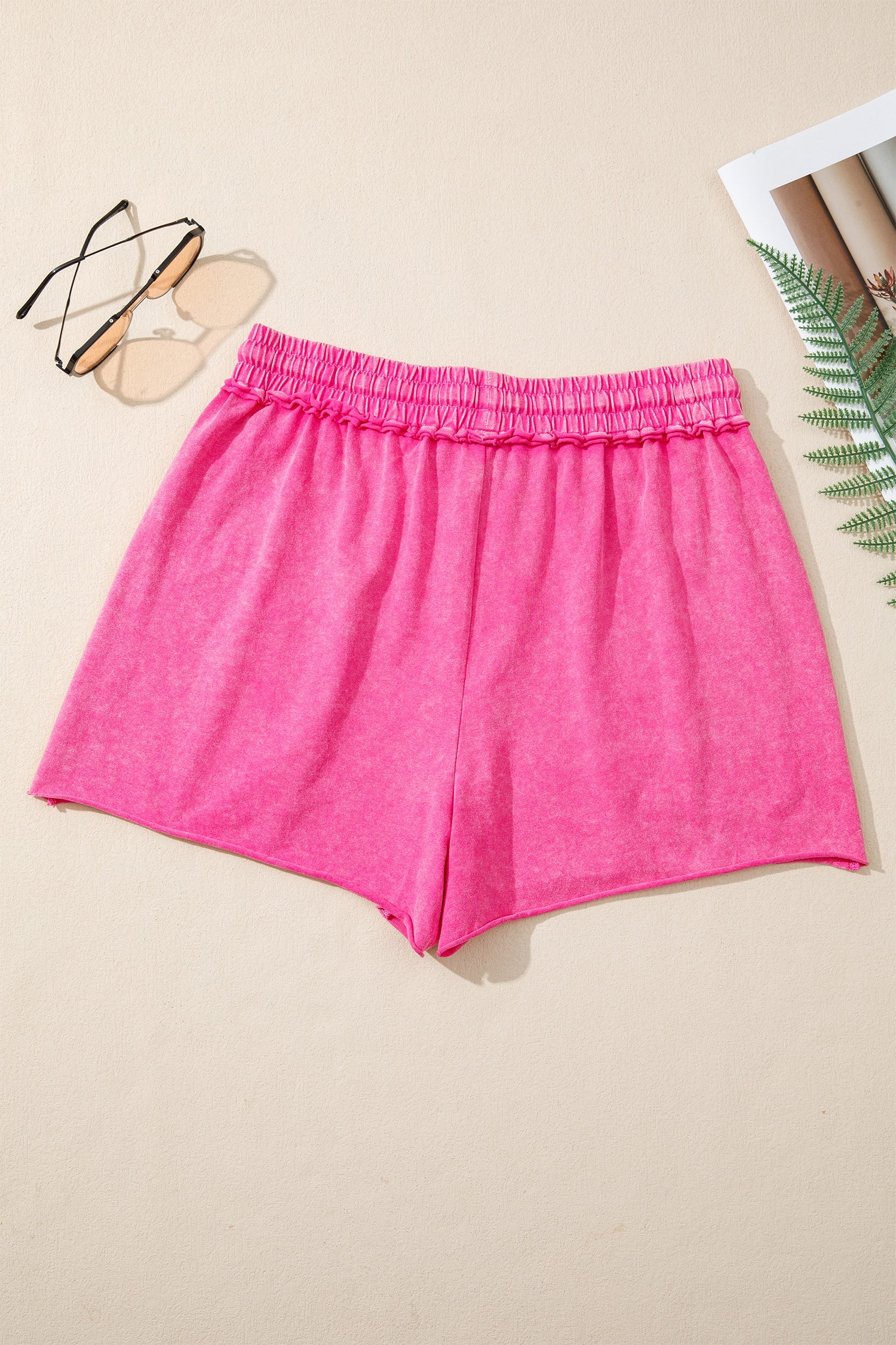 Mineral Wash Drawstring Elastic Waist Raw Edge Shorts - Image 3
