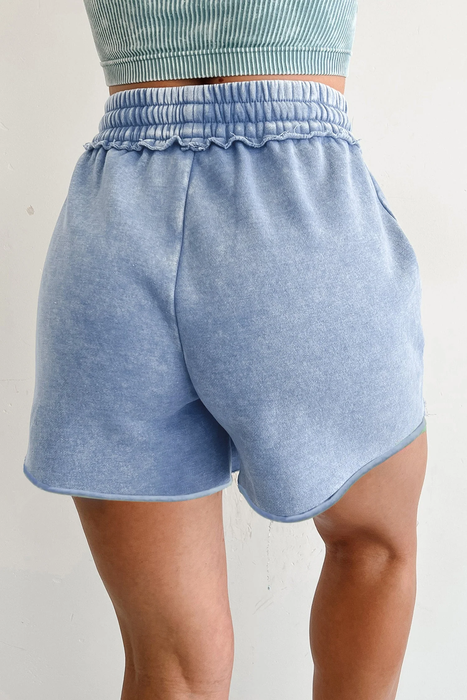 Mineral Wash Drawstring Elastic Waist Raw Edge Shorts - Image 9